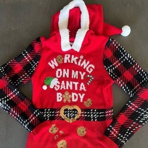 Working On My Santa Body Hooded Christmas Sweater Dress - Medium (EUC)